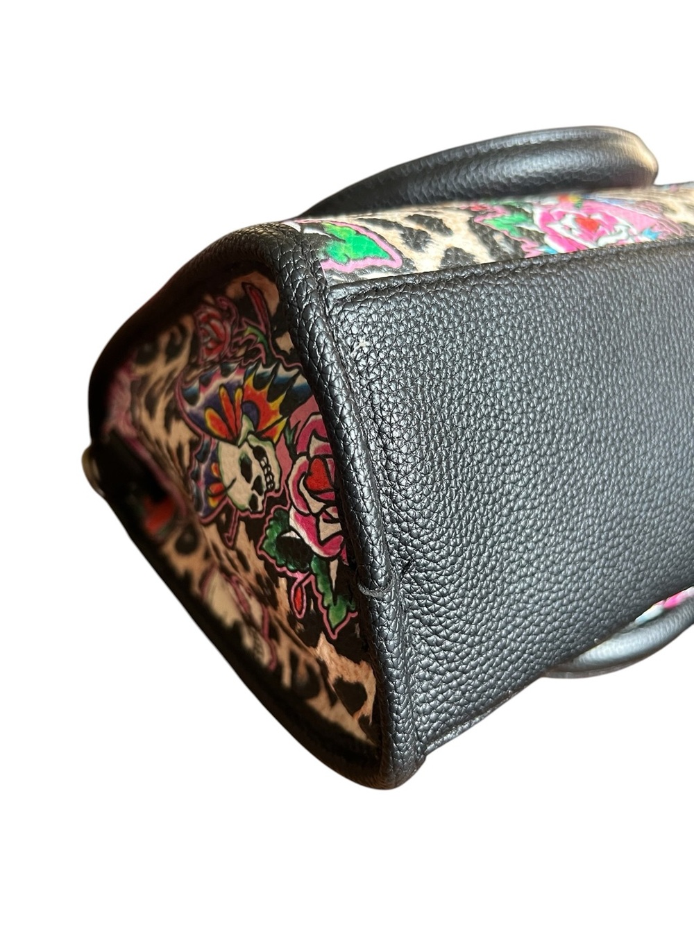 Ed Hardy Black Leopard Print Floral Skull Satchel - Black - Picture 8 of 10